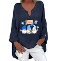 Dunkelblaue V-Ausschnitt Leinenbluse mit Weihnachtsgnomen und langen Ärmeln - S / Oberteile / Marineblau (Blau getönte Gnome)