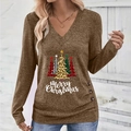 Detail of V-neck long sleeve top with Christmas tree print and side buttons decorative hem - Dark Khaki