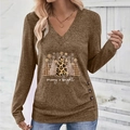Detail of Christmas tree print and decorative side buttons on women's V-neck long sleeve top - S / Dark Khaki