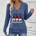 Dames top met lange mouwen en V-hals, kerstkabouterprint in marineblauw met knopen - S / Blauw