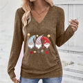 Detail of brown V-neck top with festive gnome prints and decorative side buttons - S / Dark Khaki