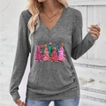 Haut gris à manches longues et col en V pour femme avec imprimé sapins de Noël - S / Gris