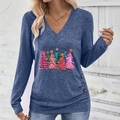 T-shirt femme manches longues col en V bleu marine avec imprimés sapins de Noël - S / Bleu