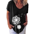 Women's black V-neck T-shirt featuring a delicate white dandelion graphic print - S / Dandelion Print (59X) / Black