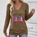 Women's V-neck long sleeve Christmas tree print top in brown with button detail - S / Dark Khaki