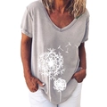Women's grey V-neck T-shirt featuring a delicate white dandelion print and soft fabric - S / Dandelion Print (59X) / Gray