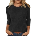 T-shirt ajusté en maille côtelée gris anthracite pour femme avec col rond et manches 3/4 - S / Noir