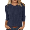 Elegant navy blue ribbed knit top with a classic crew neck and three-quarter sleeves - S / Navy Blue