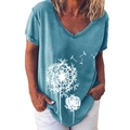 Women's V-neck T-shirt in grey-blue featuring a creative white dandelion floral print - S / Dandelion Print (59X) / Blue