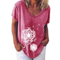 Women's V-neck short sleeve T-shirt in vintage red with large white dandelion print - S / Tops / Rose Red - Dandelion Print (59X)