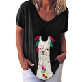 Women's V-neck T-shirt in black featuring a colorful alpaca graphic print design - S / Tops / Black - Alpaca Print (201X)
