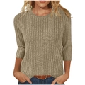 Detail of khaki ribbed knit texture on a slim-fit women's sweater with round neck - S / Khaki