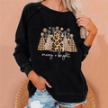 Women's black Christmas sweatshirt with leopard print merry and bright tree graphics - 3XL / Tops / Black merry+bright (836X)