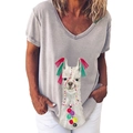 Women's light grey V-neck short sleeve T-shirt featuring a colorful alpaca graphic print - S / Tops / Gray - Alpaca Print (201X)