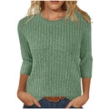 Close-up of grass green knit top showing vertical ribbed texture and crew neck design - S / Green