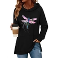 Detailed view of women's black dragonfly print hoodie with side slits and large front pockets - S / Black