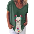 Women's V-neck dark green T-shirt featuring creative cartoon llama print and tassels - S / Tops / Army Green - Alpaca Print (201X)