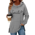 Γυναικείο γκρι φούτερ με κουκούλα, στάμπα Smile, ρεγκλάν μανίκια και τσέπη καγκουρό - S / Γκρι