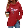 Damen Kapuzenpullover in Burgund mit Libellen-Print, langen Ärmeln und Kängurutasche - S / Rot