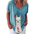 Women's V-neck T-shirt in denim blue featuring a cute llama graphic and colorful dots - S / Tops / Blue (201X)