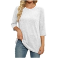 Top da donna in maglia a coste grigio chiaro con maniche a tre quarti e girocollo classico - S / Bianco