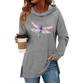 Detailed view of grey hoodie featuring a colorful watercolor dragonfly print and pocket - S / Gray