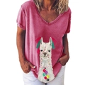 Women's rose pink V-neck T-shirt featuring an artistic alpaca print with colorful tassels - S / Tops / Rose Red (201X)