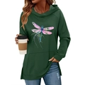 Women's dark green dragonfly print hoodie with raglan sleeves and front pocket - S / Army Green