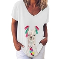 Elegant white V-neck T-shirt for women featuring a colorful ethnic llama graphic print - S / Tops / White (201X)
