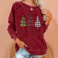 Women's loose burgundy sweatshirt featuring three festive plaid Christmas trees and text - 3XL / Top (Three Plaid Christmas Trees Print) / Burgundy