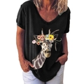 Women's black V-neck short sleeve T-shirt with colorful giraffe floral print - S / Tops / Black (215X)