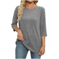 Elegantes graues Damen-T-Shirt aus Rippstrick mit halben Ärmeln und klassischem Rundhals - S / Grau
