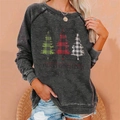 Loose dark grey Christmas sweatshirt with plaid tree patterns and festive red lettering - 3XL / Top (Three Plaid Christmas Trees Print) / Dark Gray
