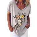 Women's light grey V-neck T-shirt featuring an artistic colorful giraffe floral print - S / Top - Flower Crown Giraffe (215X) / Gray