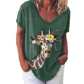 Women's V-neck short sleeve T-shirt in dark green featuring artistic giraffe floral print - S / Top - Flower Crown Giraffe (215X) / Army Green