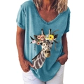 Women's V-neck T-shirt in light blue featuring an artistic floral giraffe print - S / Top - Flower Crown Giraffe (215X) / Blue
