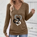 Elegant V-neck long sleeve top in tan with triple heart print and side button accents - S / Dark Khaki