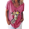 Women's V-neck short sleeve T-shirt in rose pink with creative giraffe floral print - S / Top (Flower Crown Giraffe-215X) / Rose Red