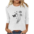 Women's white ribbed knit top with dandelion and butterfly print and 3/4 sleeves - S / White