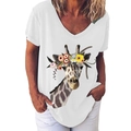 White V-neck short sleeve T-shirt with a colorful giraffe floral wreath print - S / Top (Flower Crown Giraffe-215X) / White
