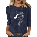 Navy blue ribbed knit top for women with white butterfly and dandelion floral print - S / Navy Blue