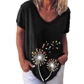 Black V-neck T-shirt with colorful cocktail dandelion print on the front for women - S / Top (Cocktail Dandelion-355X) / Black