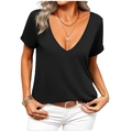 Detail of elegant black deep V-neck T-shirt showing rolled sleeve and premium fabric - S / Black