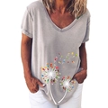 Women's grey V-neck T-shirt featuring creative colorful cocktail dandelion print - S / Top (Cocktail Dandelion-355X) / Gray