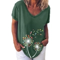 Women's V-neck dark green T-shirt with colorful cocktail dandelion graphic print - S / Cocktail Dandelion (355X) - Top / Army Green