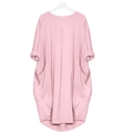 Detail of light pink loose dress featuring round neck and large utility side pockets - S / Pink