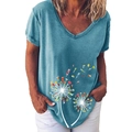 Women's V-neck short sleeve T-shirt in Morandi blue with creative cocktail print - S / Cocktail Dandelion (355X) - Top / Blue