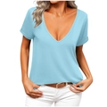 Elegant light blue short sleeve V-neck T-shirt with rolled cuff design for summer - S / Sky Blue