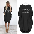 Women's black loose-fit dress with Faith Hope Love heart print and side pockets - S / Black