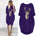 Detail of loose dark purple dress with gold deer head print and side pockets - S / Purple